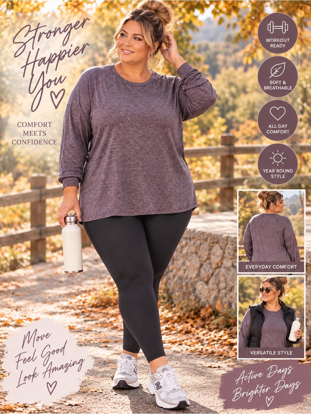 Plus Size Purple Heather Athletic Long Sleeve Top Athleisure Workout Activewear